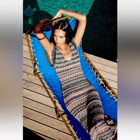 ZARA RUFFLED POINTELLE KNIT BODYCON MIDI DRESS MULTICOLORED Small - Picture 4 of 12